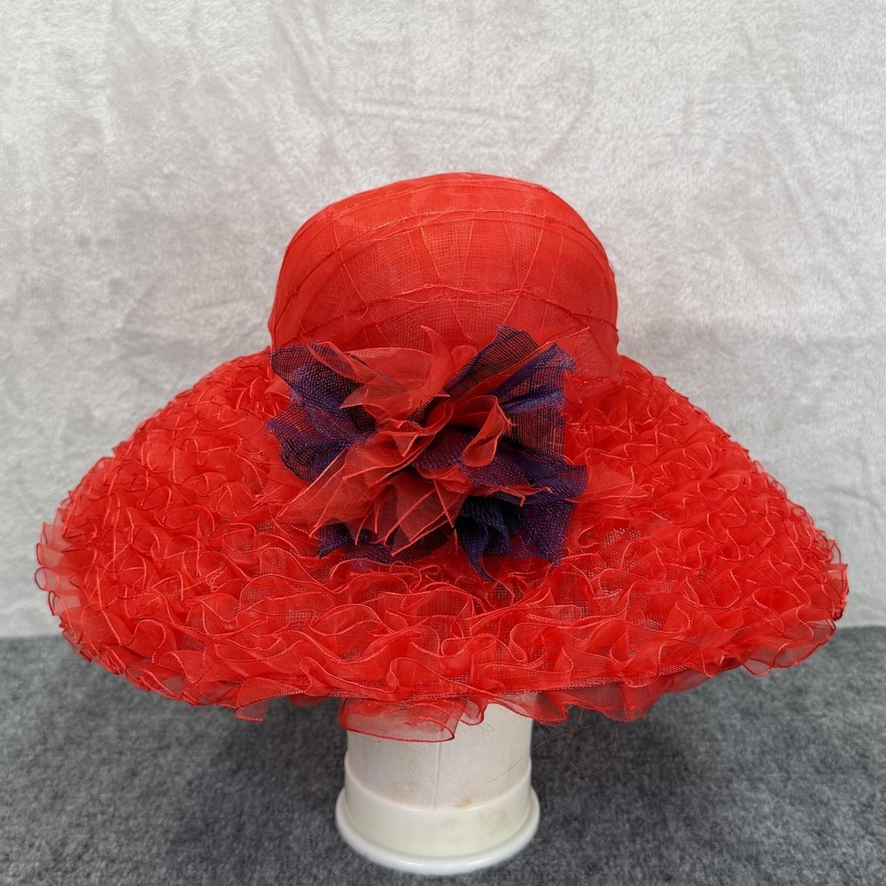 Red Hat Society Hat Sun Womens Red Sheer Ruffle Wide Brim Derby Church Wedding
